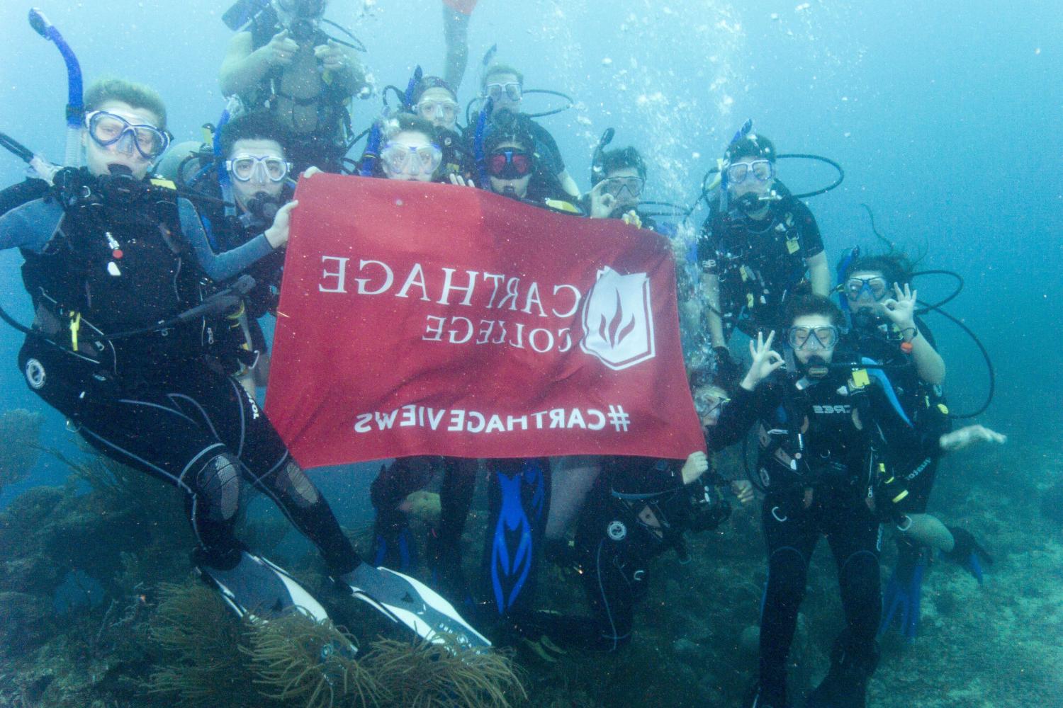 学生们手持<a href='http://hwz.yxqsn0706.com/'>bv伟德ios下载</a>旗帜，在j学期洪都拉斯游学之旅中潜水.